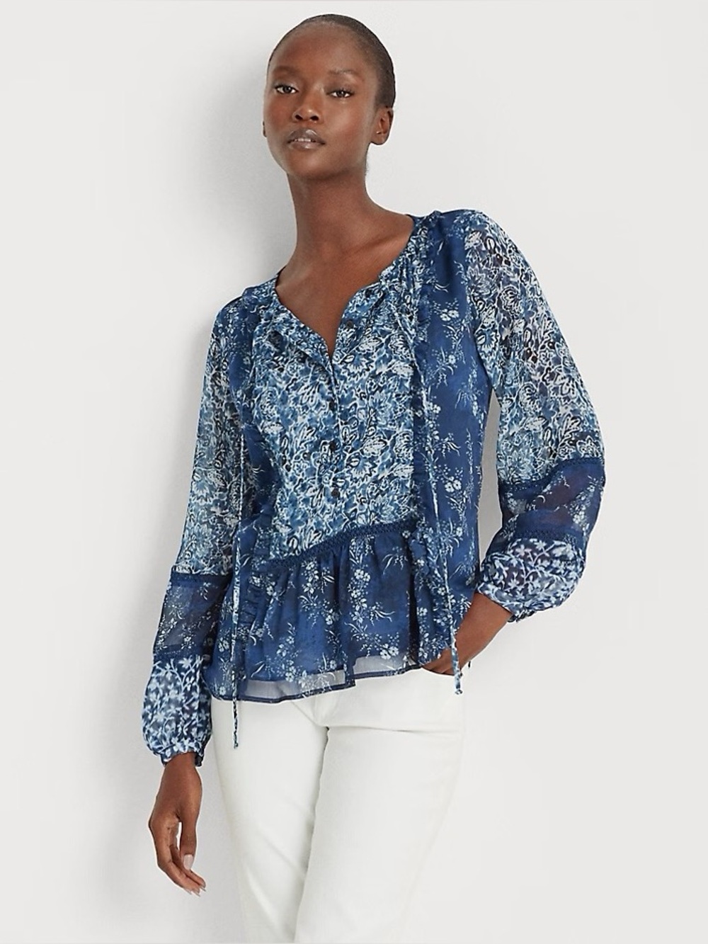 Lauren Ralph Lauren Womens Blue Floral Georgette Peplum Top